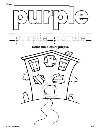 Free Halloween haunted house color purple coloring page and color worksheet, purple worksheet for preschoolers to learn colors, printable PDF