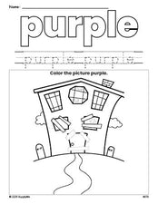 Free Halloween haunted house color purple coloring page and color worksheet, purple worksheet for preschoolers to learn colors, printable PDF