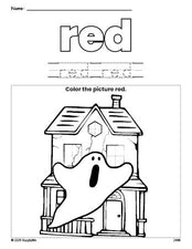 Free Halloween haunted house color red coloring page and color worksheet, red worksheet for preschoolers to learn colors, printable PDF