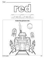 Free Halloween haunted house color red coloring page and color worksheet, red worksheet for preschoolers to learn colors, printable PDF