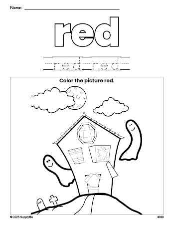 Free Halloween haunted house color red coloring page and color worksheet, red worksheet for preschoolers to learn colors, printable PDF