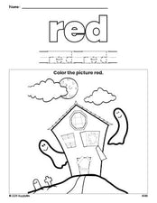 Free Halloween haunted house color red coloring page and color worksheet, red worksheet for preschoolers to learn colors, printable PDF