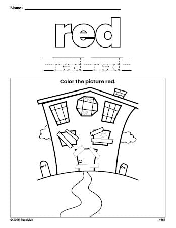 Free Halloween haunted house color red coloring page and color worksheet, red worksheet for preschoolers to learn colors, printable PDF