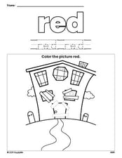 Free Halloween haunted house color red coloring page and color worksheet, red worksheet for preschoolers to learn colors, printable PDF