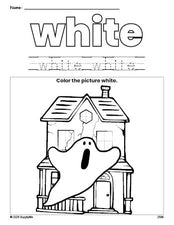 Free Halloween haunted house color white coloring page and color worksheet, white worksheet for preschoolers to learn colors, printable PDF