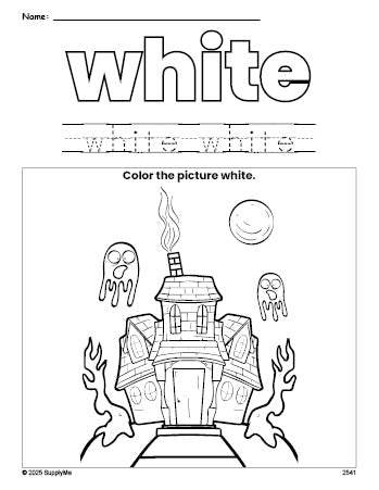 Free Halloween haunted house color white coloring page and color worksheet, white worksheet for preschoolers to learn colors, printable PDF