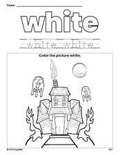 Free Halloween haunted house color white coloring page and color worksheet, white worksheet for preschoolers to learn colors, printable PDF