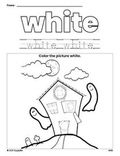 Free Halloween haunted house color white coloring page and color worksheet, white worksheet for preschoolers to learn colors, printable PDF