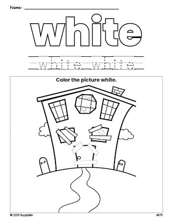 Free Halloween haunted house color white coloring page and color worksheet, white worksheet for preschoolers to learn colors, printable PDF