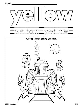 Free Halloween haunted house color yellow coloring page and color worksheet, yellow worksheet for preschoolers to learn colors, printable PDF