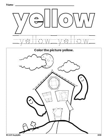 Free Halloween haunted house color yellow coloring page and color worksheet, yellow worksheet for preschoolers to learn colors, printable PDF