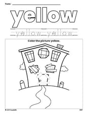 Free Halloween haunted house color yellow coloring page and color worksheet, yellow worksheet for preschoolers to learn colors, printable PDF