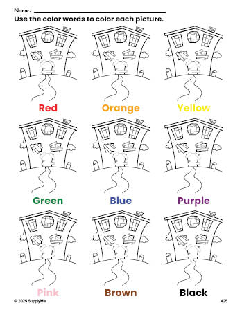 Free Halloween haunted house coloring page and color worksheet for preschoolers to learn colors, printable PDF