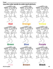 Free Halloween haunted house coloring page and color worksheet for preschoolers to learn colors, printable PDF