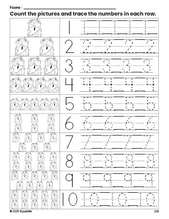 Free printable Halloween haunted house counting worksheet for preschool and pre-k with number tracing practice 1-10, PDF