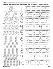 Free printable Halloween haunted house counting worksheet for preschool and pre-k with number tracing practice 1-10, PDF