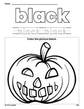 Free Halloween pumpkin color black coloring page and color worksheet, black worksheet for preschoolers to learn colors, printable PDF