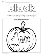 Free Halloween pumpkin color black coloring page and color worksheet, black worksheet for preschoolers to learn colors, printable PDF