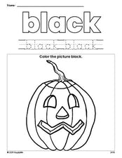 Free Halloween pumpkin color black coloring page and color worksheet, black worksheet for preschoolers to learn colors, printable PDF