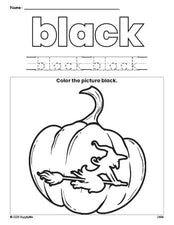 Free Halloween pumpkin color black coloring page and color worksheet, black worksheet for preschoolers to learn colors, printable PDF