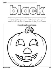 Free Halloween pumpkin color black coloring page and color worksheet, black worksheet for preschoolers to learn colors, printable PDF