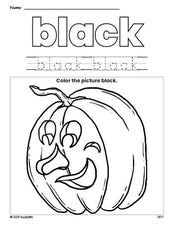 Free Halloween pumpkin color black coloring page and color worksheet, black worksheet for preschoolers to learn colors, printable PDF