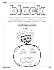 Free Halloween pumpkin color black coloring page and color worksheet, black worksheet for preschoolers to learn colors, printable PDF