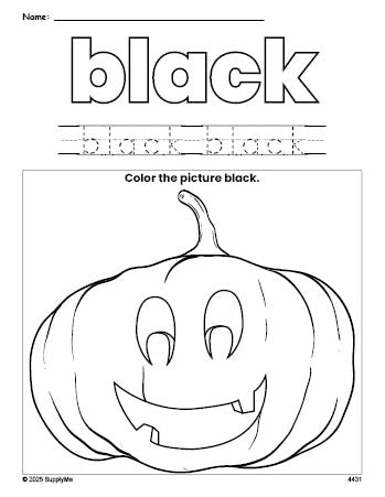 Free Halloween pumpkin color black coloring page and color worksheet, black worksheet for preschoolers to learn colors, printable PDF