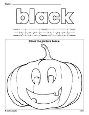 Free Halloween pumpkin color black coloring page and color worksheet, black worksheet for preschoolers to learn colors, printable PDF