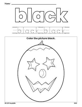 Free Halloween pumpkin color black coloring page and color worksheet, black worksheet for preschoolers to learn colors, printable PDF