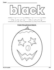 Free Halloween pumpkin color black coloring page and color worksheet, black worksheet for preschoolers to learn colors, printable PDF