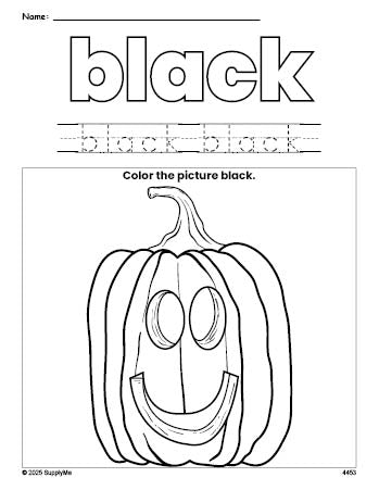 Free Halloween pumpkin color black coloring page and color worksheet, black worksheet for preschoolers to learn colors, printable PDF