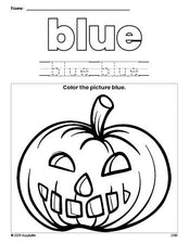 Free Halloween pumpkin color blue coloring page and color worksheet, blue worksheet for preschoolers to learn colors, printable PDF