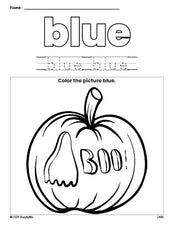 Free Halloween pumpkin color blue coloring page and color worksheet, blue worksheet for preschoolers to learn colors, printable PDF