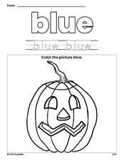 Free Halloween pumpkin color blue coloring page and color worksheet, blue worksheet for preschoolers to learn colors, printable PDF