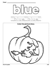 Free Halloween pumpkin color blue coloring page and color worksheet, blue worksheet for preschoolers to learn colors, printable PDF