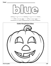 Free Halloween pumpkin color blue coloring page and color worksheet, blue worksheet for preschoolers to learn colors, printable PDF