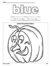 Free Halloween pumpkin color blue coloring page and color worksheet, blue worksheet for preschoolers to learn colors, printable PDF