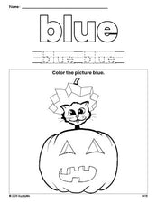 Free Halloween pumpkin color blue coloring page and color worksheet, blue worksheet for preschoolers to learn colors, printable PDF