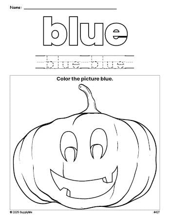 Free Halloween pumpkin color blue coloring page and color worksheet, blue worksheet for preschoolers to learn colors, printable PDF