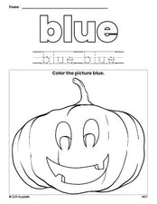 Free Halloween pumpkin color blue coloring page and color worksheet, blue worksheet for preschoolers to learn colors, printable PDF