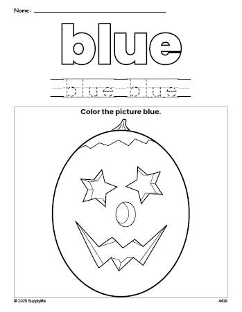 Free Halloween pumpkin color blue coloring page and color worksheet, blue worksheet for preschoolers to learn colors, printable PDF