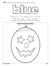 Free Halloween pumpkin color blue coloring page and color worksheet, blue worksheet for preschoolers to learn colors, printable PDF