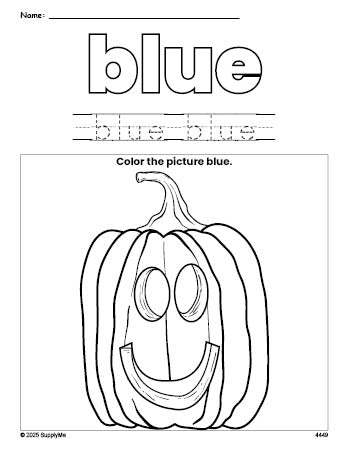 Free Halloween pumpkin color blue coloring page and color worksheet, blue worksheet for preschoolers to learn colors, printable PDF