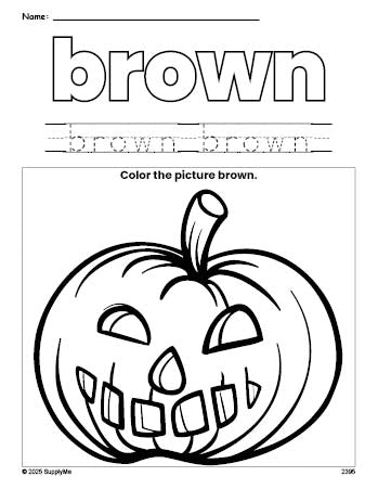 Free Halloween pumpkin color brown coloring page and color worksheet, brown worksheet for preschoolers to learn colors, printable PDF