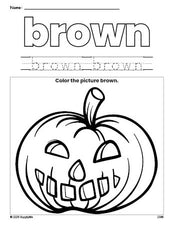 Free Halloween pumpkin color brown coloring page and color worksheet, brown worksheet for preschoolers to learn colors, printable PDF