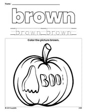 Free Halloween pumpkin color brown coloring page and color worksheet, brown worksheet for preschoolers to learn colors, printable PDF