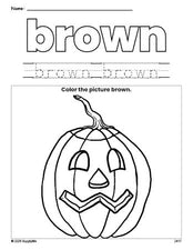 Free Halloween pumpkin color brown coloring page and color worksheet, brown worksheet for preschoolers to learn colors, printable PDF