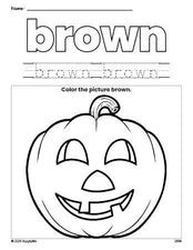 Free Halloween pumpkin color brown coloring page and color worksheet, brown worksheet for preschoolers to learn colors, printable PDF