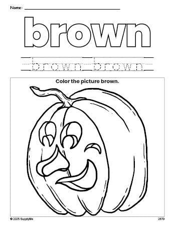 Free Halloween pumpkin color brown coloring page and color worksheet, brown worksheet for preschoolers to learn colors, printable PDF